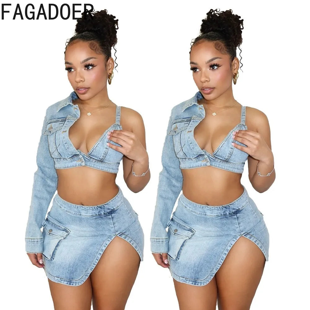 Blue Sexy Denim Backless Slit Two Piece Sets Women V Neck One Shoulder Skirts Cowboy Outfits