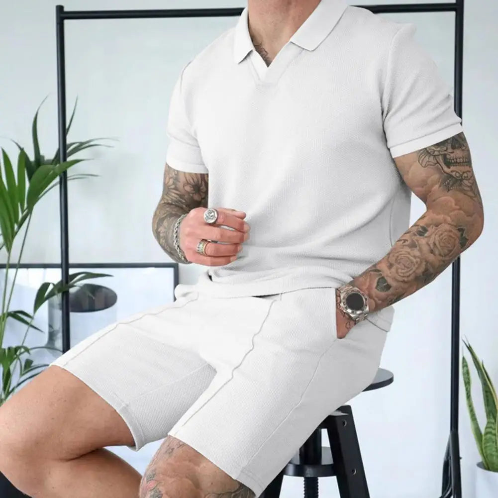 Casual Loose Fit Men Suit Men's Casual Summer Outfit Set with V-neck T-shirt Wide Leg Shorts Elastic Waistband for Men