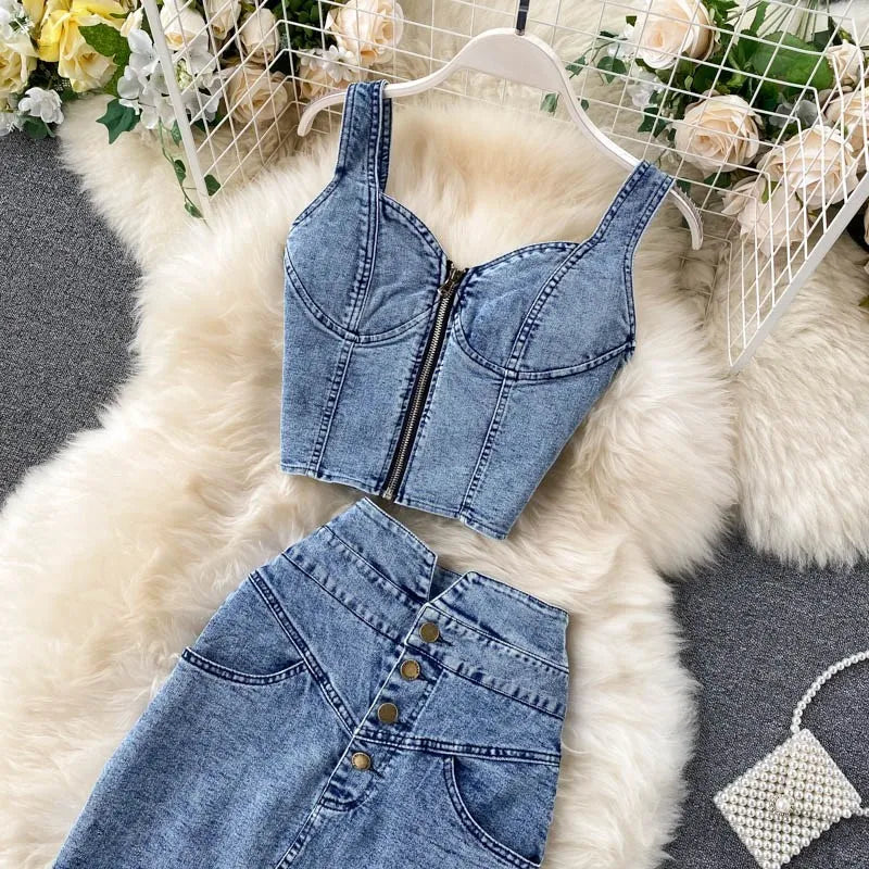 Denim Vest High Waist Denim Skirts  Ladies