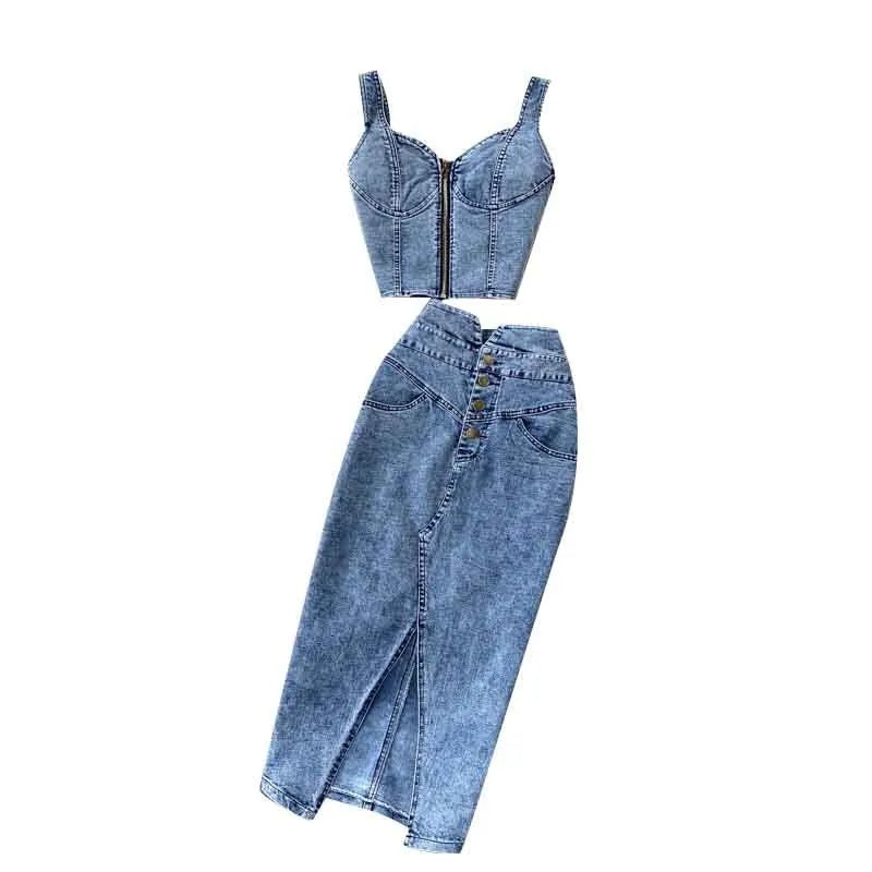 Denim Vest High Waist Denim Skirts  Ladies