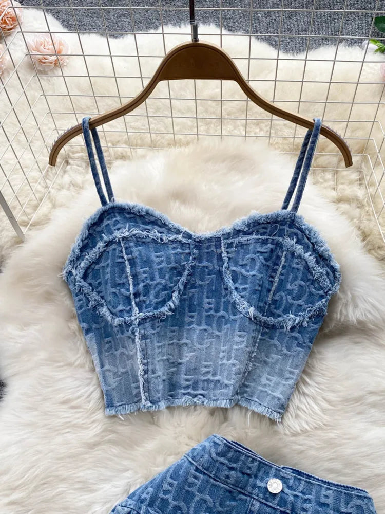 Sexy Denim Set Strapless Sling Zipper Design Crop Top + Short Button Mini Shorts Skirt Jeans Two Piece Suits