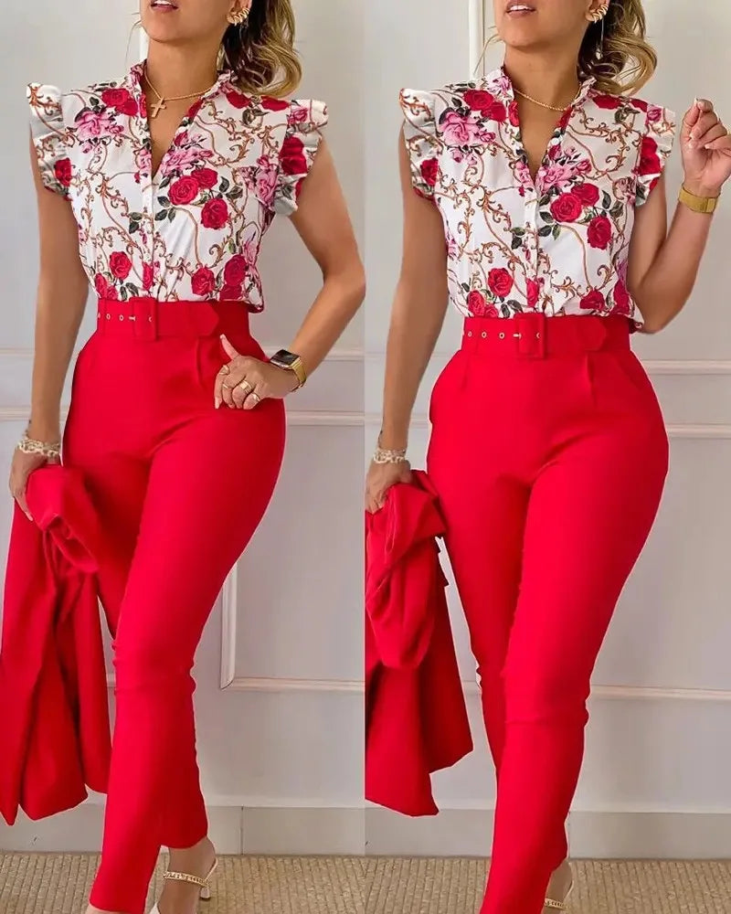 2023 Fashion 2 Piece Women's Flower Print Top Shirt Pants Suit Sexy Casual Belt Trousers Elegant Clothing Office Lady Outfits