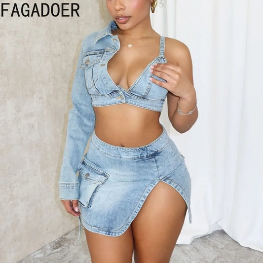 Blue Sexy Denim Backless Slit Two Piece Sets Women V Neck One Shoulder Skirts Cowboy Outfits