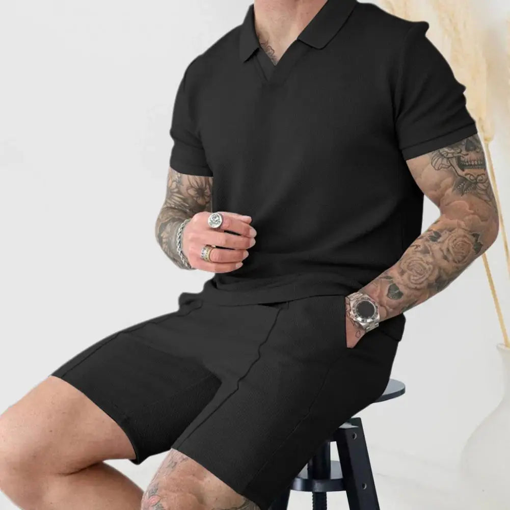 Casual Loose Fit Men Suit Men's Casual Summer Outfit Set with V-neck T-shirt Wide Leg Shorts Elastic Waistband for Men