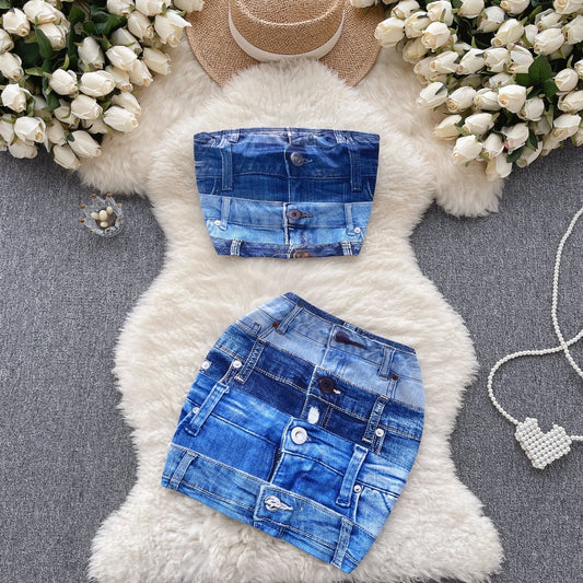 Desire Spice Girl Imitation Denim Suit Female French Strapless Vest