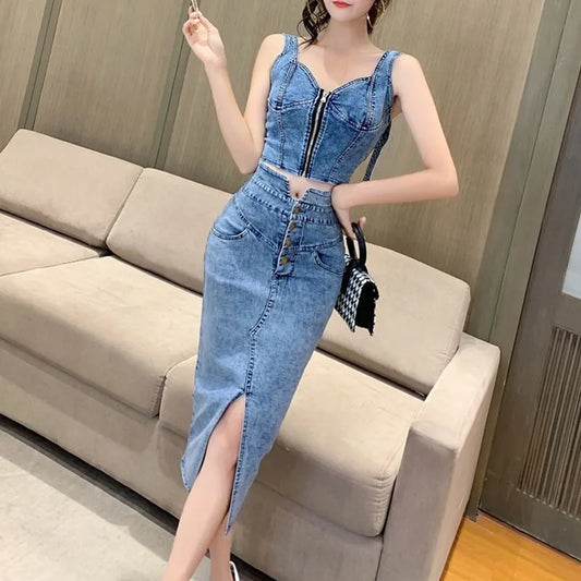 Denim Vest High Waist Denim Skirts  Ladies