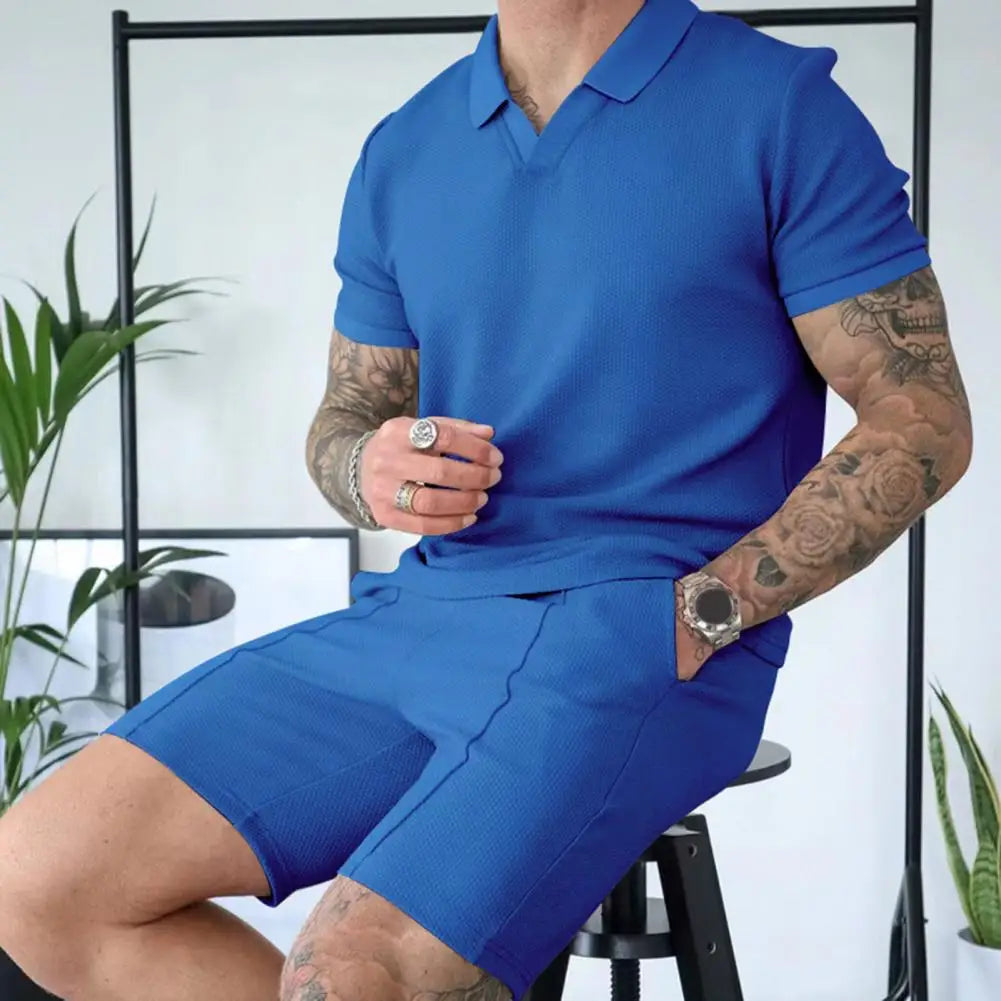 Casual Loose Fit Men Suit Men's Casual Summer Outfit Set with V-neck T-shirt Wide Leg Shorts Elastic Waistband for Men