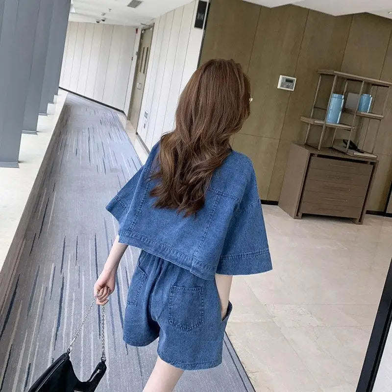 Women Denim Sets Summer 2022 New 2 Piece Set Solid Short Sleeve Coat + Shorts Jeans Sets Office Lady Elegant Female Denim Suits