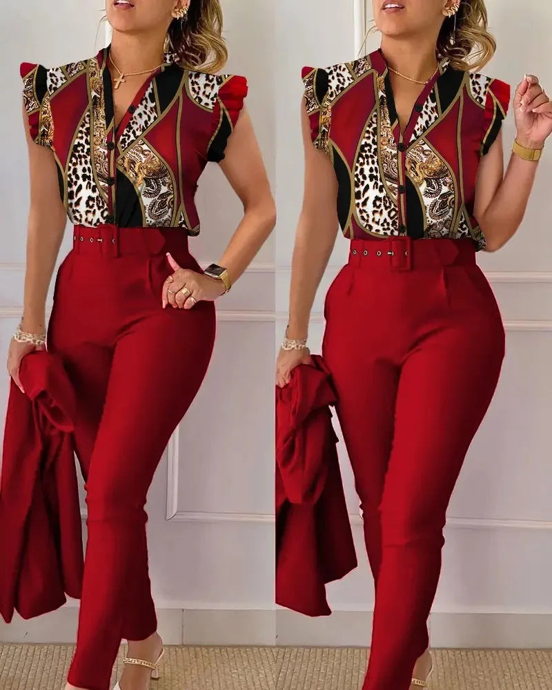 2023 Fashion 2 Piece Women's Flower Print Top Shirt Pants Suit Sexy Casual Belt Trousers Elegant Clothing Office Lady Outfits