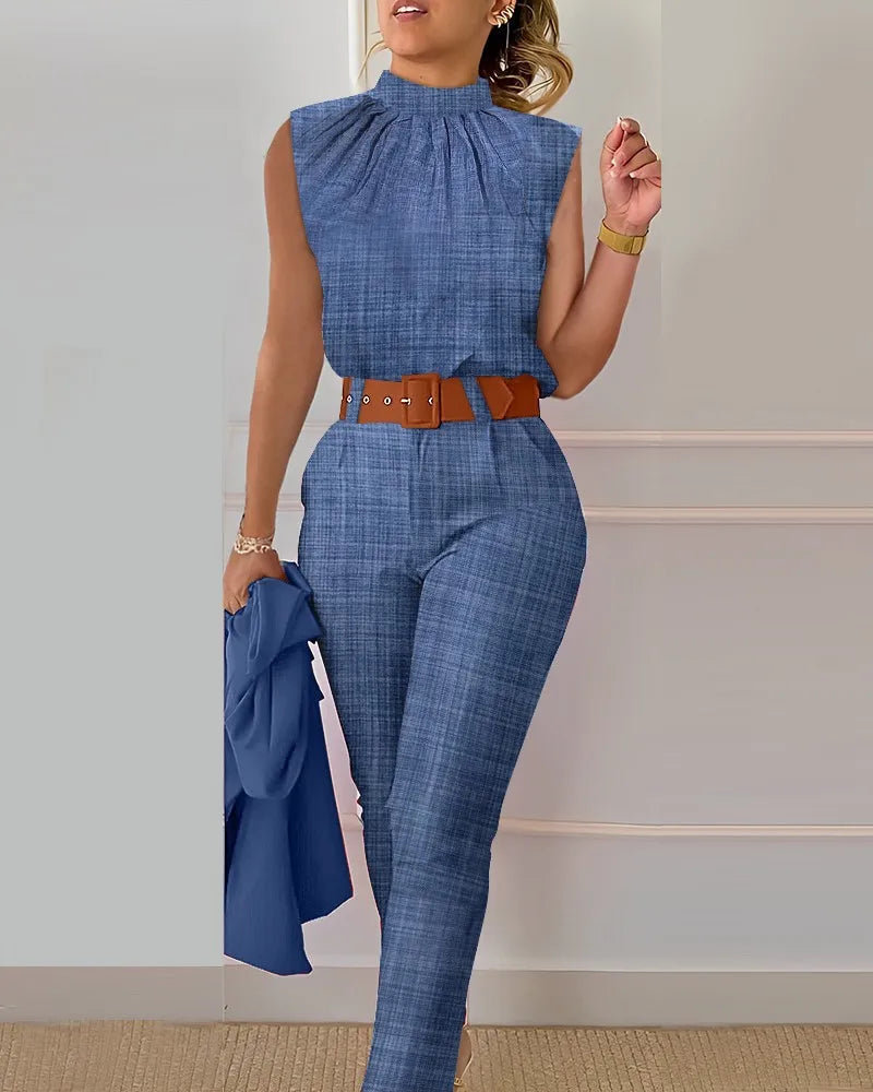 Summer Denim Blue Set Women Stand Collar Sleeveless Top  High Waist Pants Work Printing 2 Pieces Suit Sets Female Casual Outfits