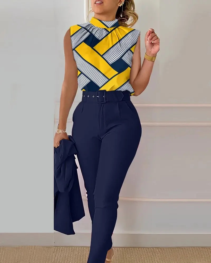 Summer Denim Blue Set Women Stand Collar Sleeveless Top  High Waist Pants Work Printing 2 Pieces Suit Sets Female Casual Outfits