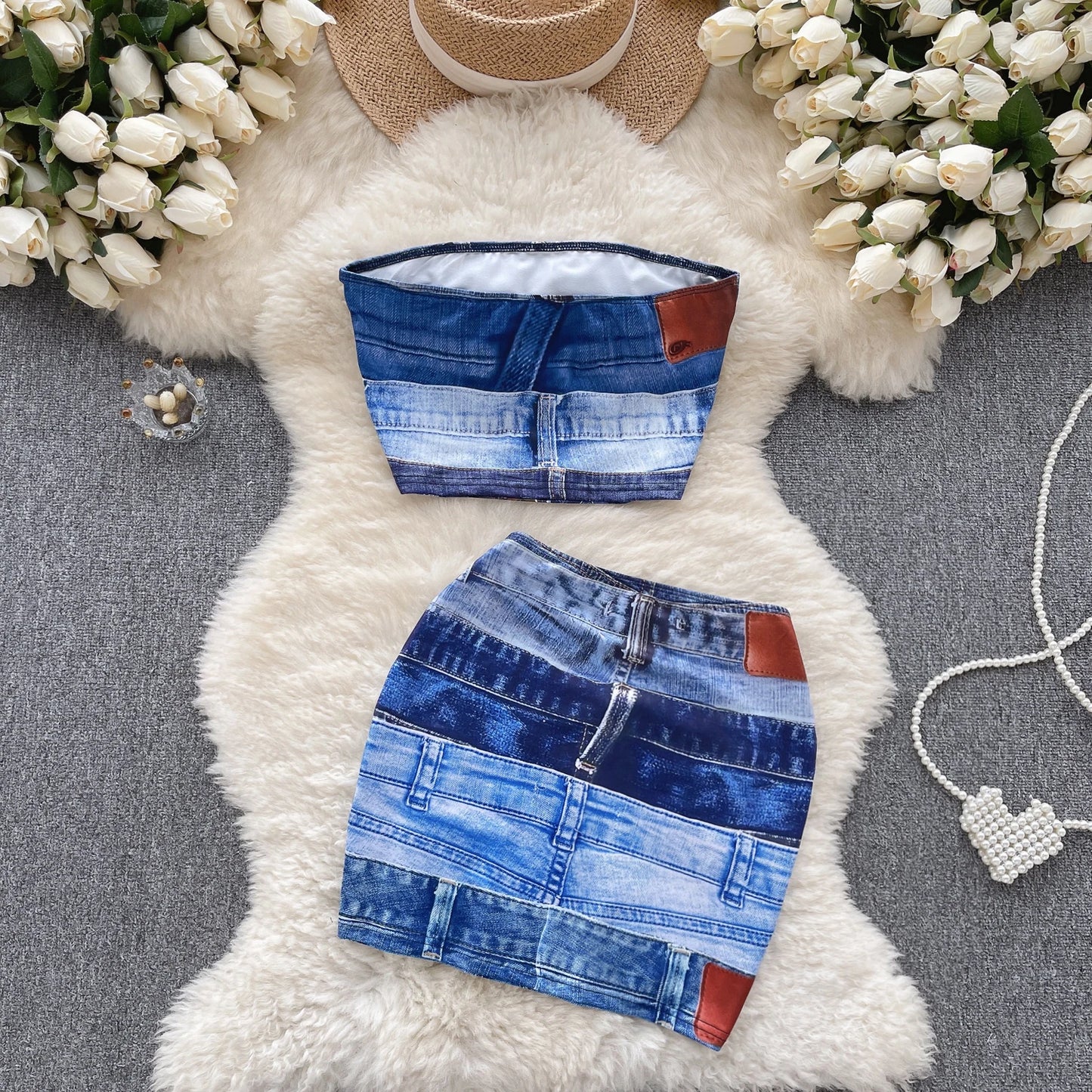 Desire Spice Girl Imitation Denim Suit Female French Strapless Vest