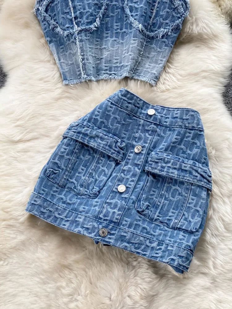 Sexy Denim Set Strapless Sling Zipper Design Crop Top + Short Button Mini Shorts Skirt Jeans Two Piece Suits