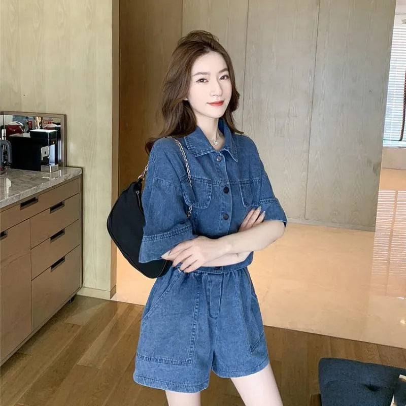 Women Denim Sets Summer 2022 New 2 Piece Set Solid Short Sleeve Coat + Shorts Jeans Sets Office Lady Elegant Female Denim Suits