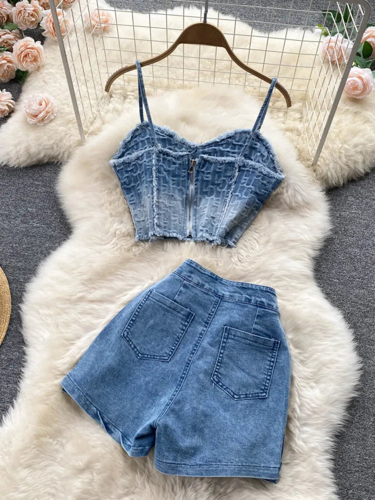 Sexy Denim Set Strapless Sling Zipper Design Crop Top + Short Button Mini Shorts Skirt Jeans Two Piece Suits