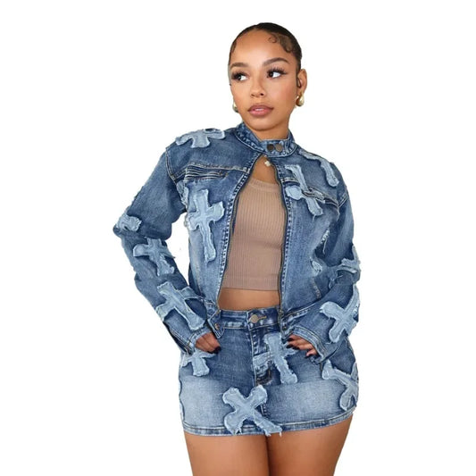 Embroidery Tassel Jeans Two Piece Set Women Stand Collar Long Sleeve Short Jackets Tops  Denim Suits