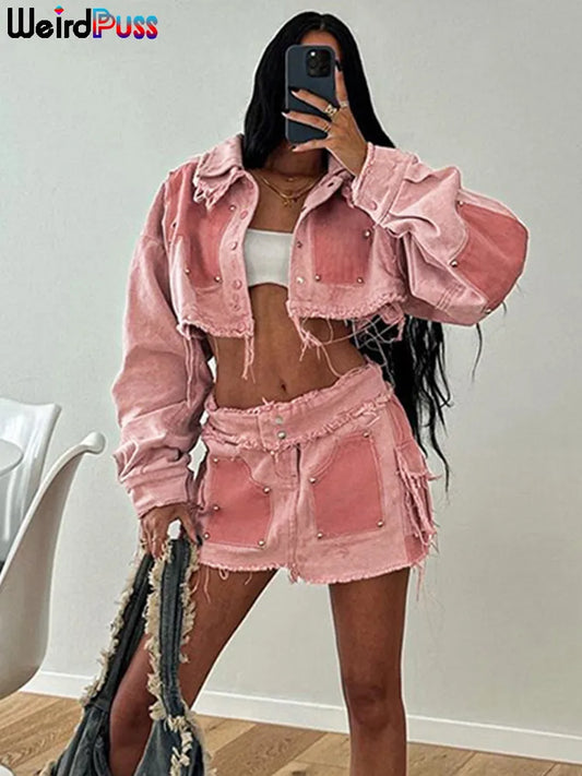 Weird Puss Y2K Denim Women 2 Piece Set Cool Hipster Single-Breasted Jacket+Peach Hip Skirts Pocket Matching Streetwear Outfits