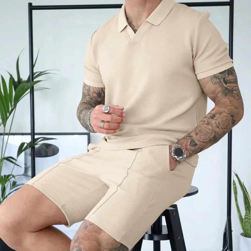 Casual Loose Fit Men Suit Men's Casual Summer Outfit Set with V-neck T-shirt Wide Leg Shorts Elastic Waistband for Men